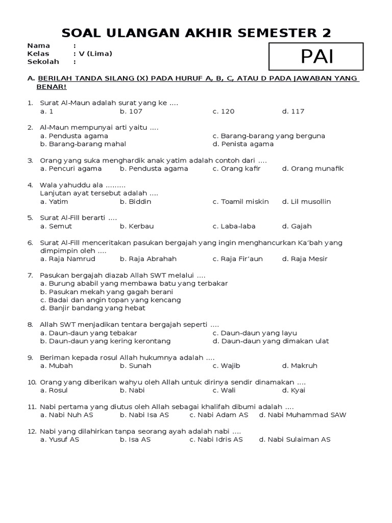10 Contoh Soal Kelas 5 PAI Semester 2 Beserta Kunci Jawaban yang Wajib Siswa Kuasai Sebelum Ujian