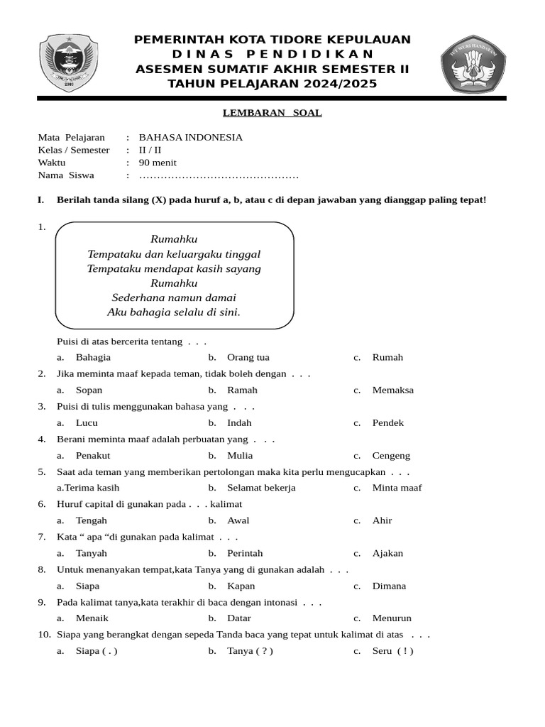 Soal Ujian Bahasa Indonesia Kelas II PDF