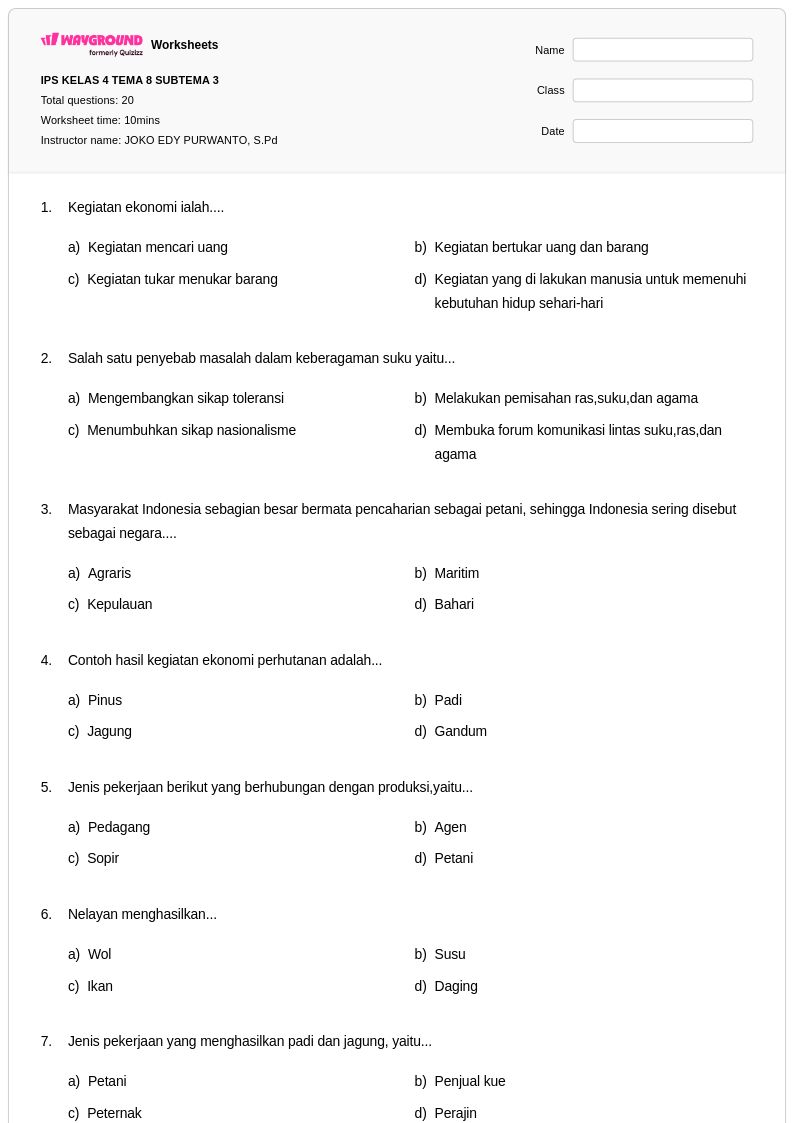 50 lembar kerja Pendidikan Pertanian untuk Kelas 4 di Wayground