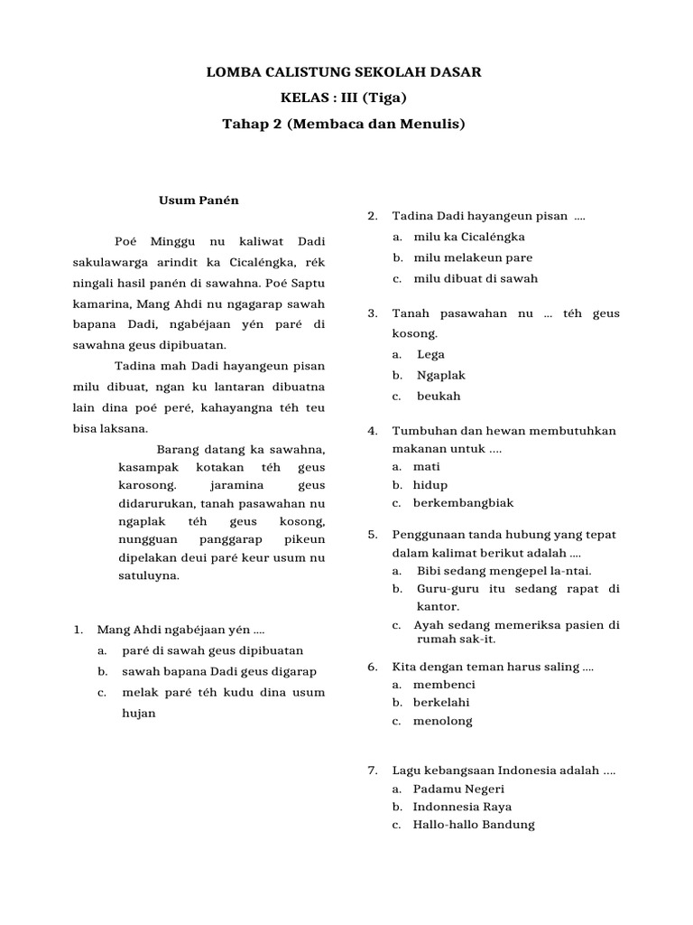 Soal Calistung Kelas 3 SD Tahap 2 PDF Soal Calistung Kelas 3 SD Tahap 2 PDF