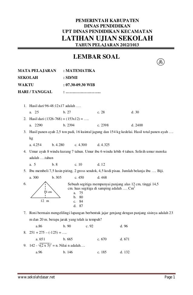 Contoh Soal Ujian Matematika Kelas 6 Dalchaebi