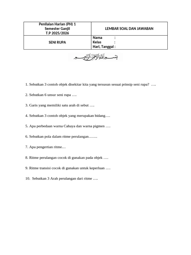 Soal Seni Budaya Kelas 2 SD Semester 2 PDF