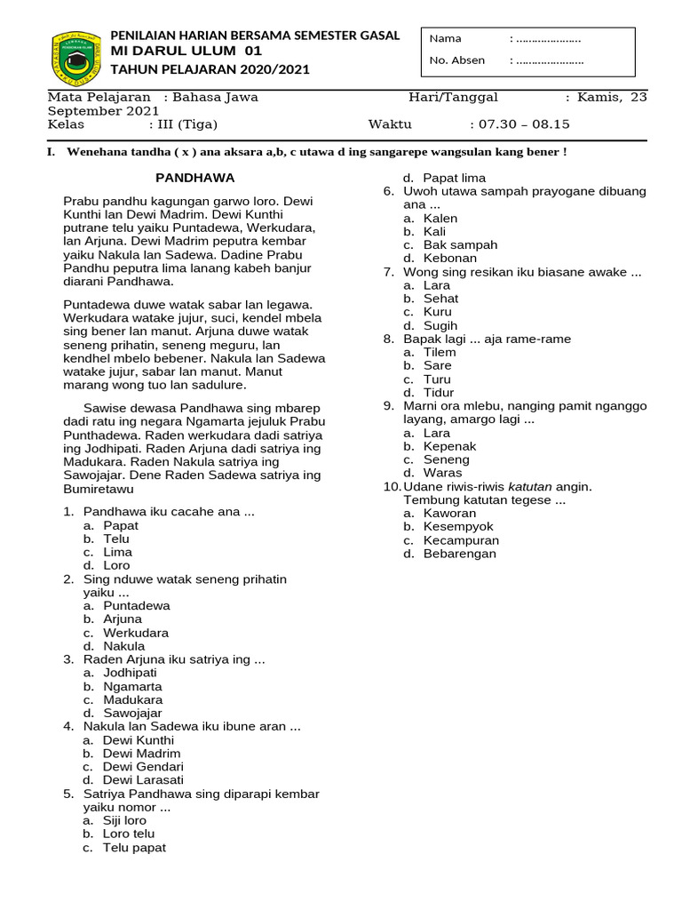 5 Soal Bahasa Jawa Kelas 3 Semester 1 Kurikulum 2013 yang Sering Muncul di STS 2026