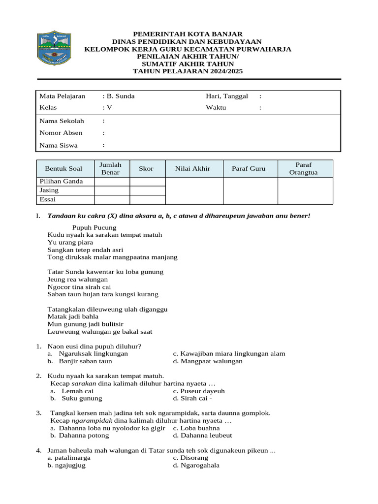 Soal Bahasa Sunda Kelas 5 SD PDF