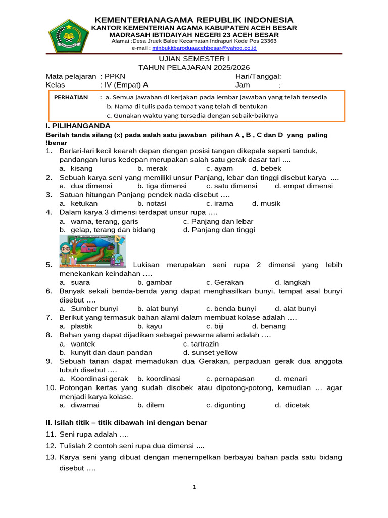Ujian PPKN Kelas IV MI Negeri 23 Aceh PDF Ujian PPKN Kelas IV MI Negeri 23 Aceh PDF