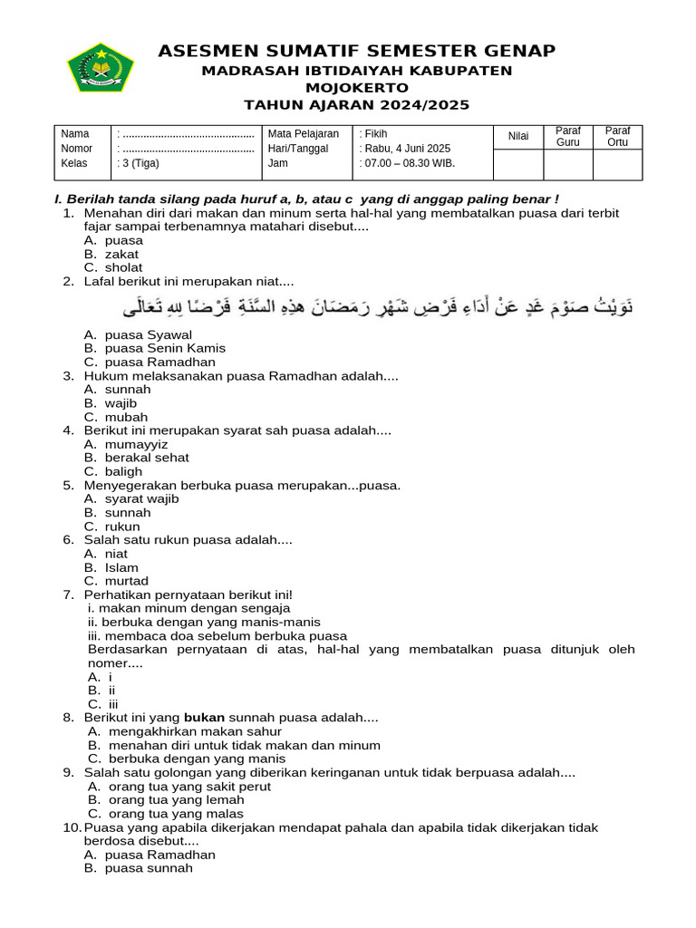 Soal Asesmen Fikih Kelas 3 MI 2025 PDF