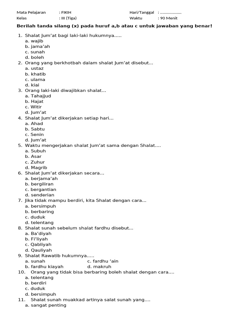 Bocoran 30 Soal Fiqih Kelas 3 MI Semester 2 dan Kunci Jawaban untuk Ujian Akhir Tahun