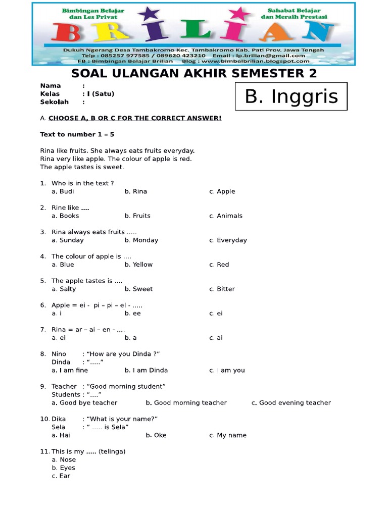 Contoh Soal Bahasa Inggris Semester Kelas 3 SD Semester 1 yang Wajib Dilatih Agar Anak Terbiasa Ujian Contoh Soal Bahasa Inggris Semester Kelas 3 SD Semester 1 yang Wajib Dilatih Agar Anak Terbiasa Ujian