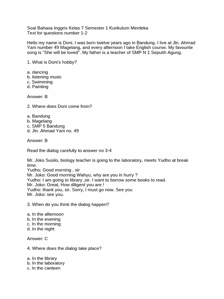 Soal Bahasa Inggris Kelas 7 Semester 1 Kurikulum Merdeka PDF Taste