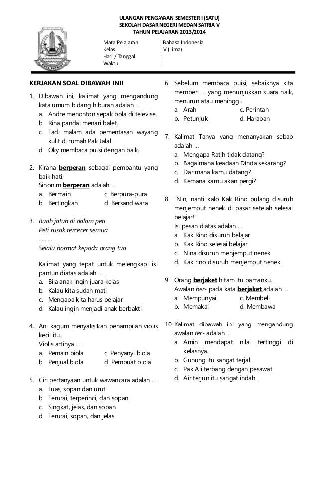 Soal Uts Bahasa Indonesia Kelas 5 Semester 1 Dalchaebi