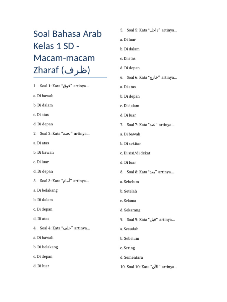 Soal Bahasa Arab untuk Kelas 1 SD PDF