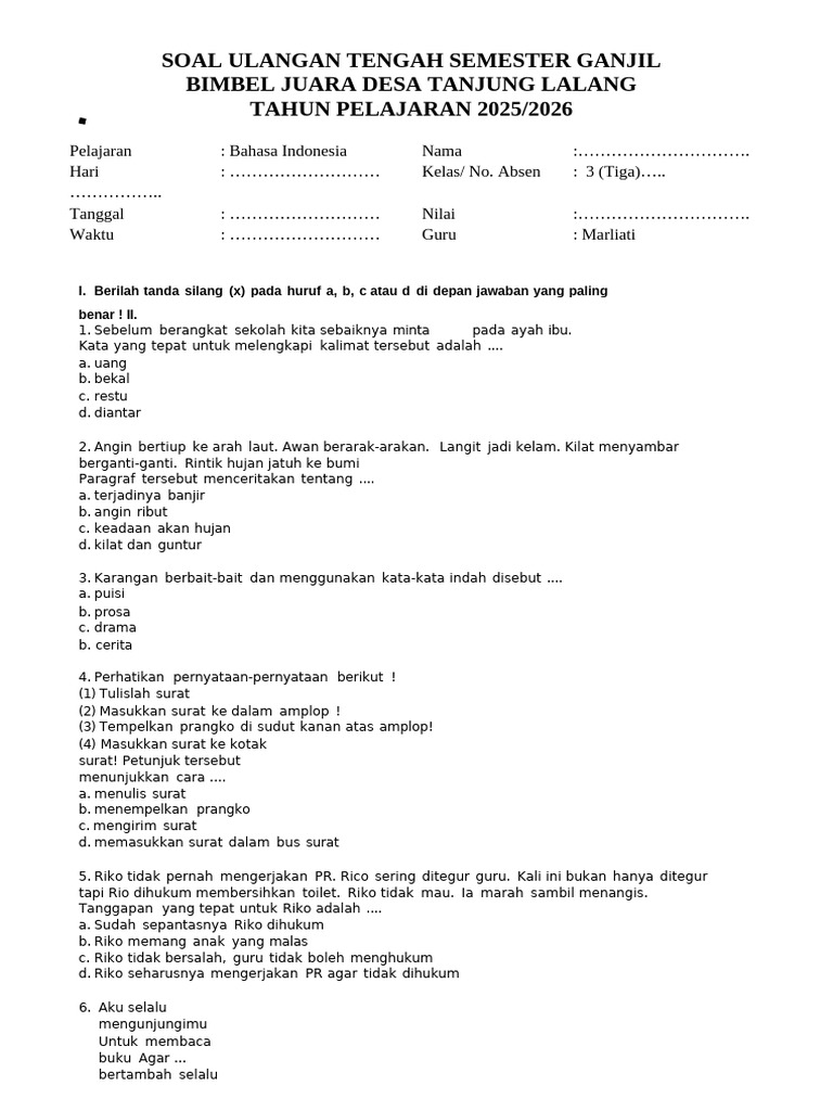 Wajib Tahu! Ini Bocoran soal soal uts bahasa indonesia kelas 3 sd semester 1 terbaru