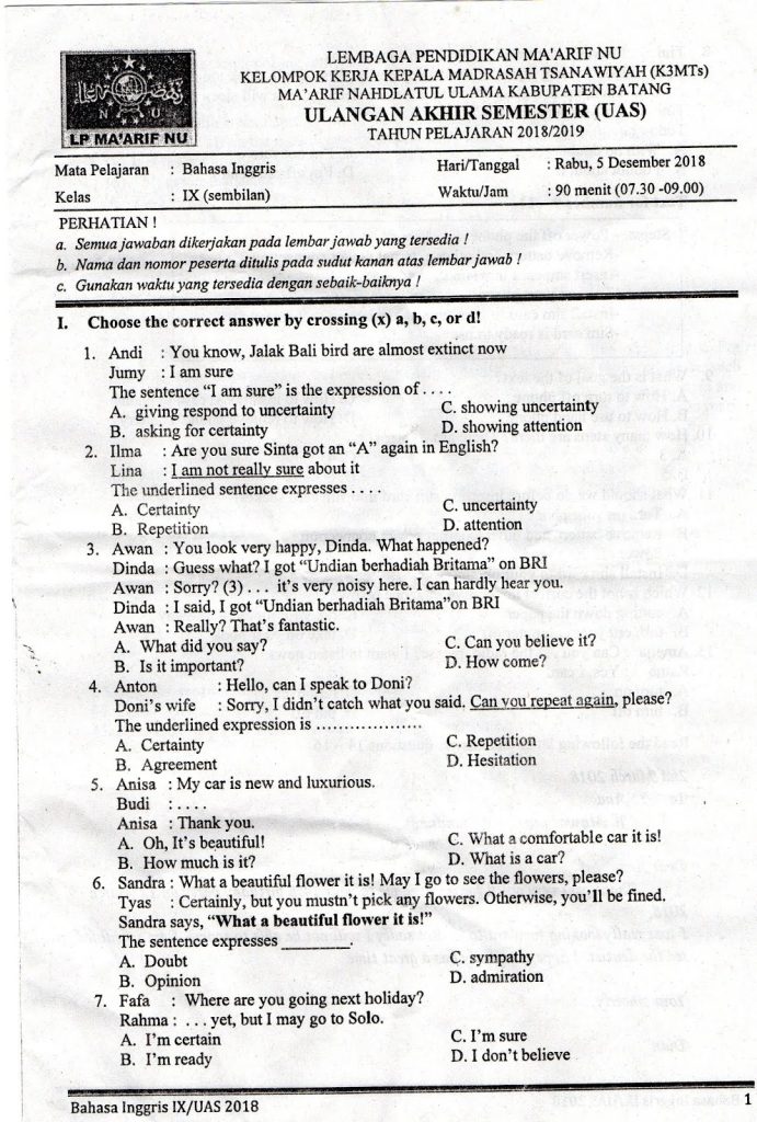 contoh soal bahasa inggris kelas xi semester 1 beserta jawabannya