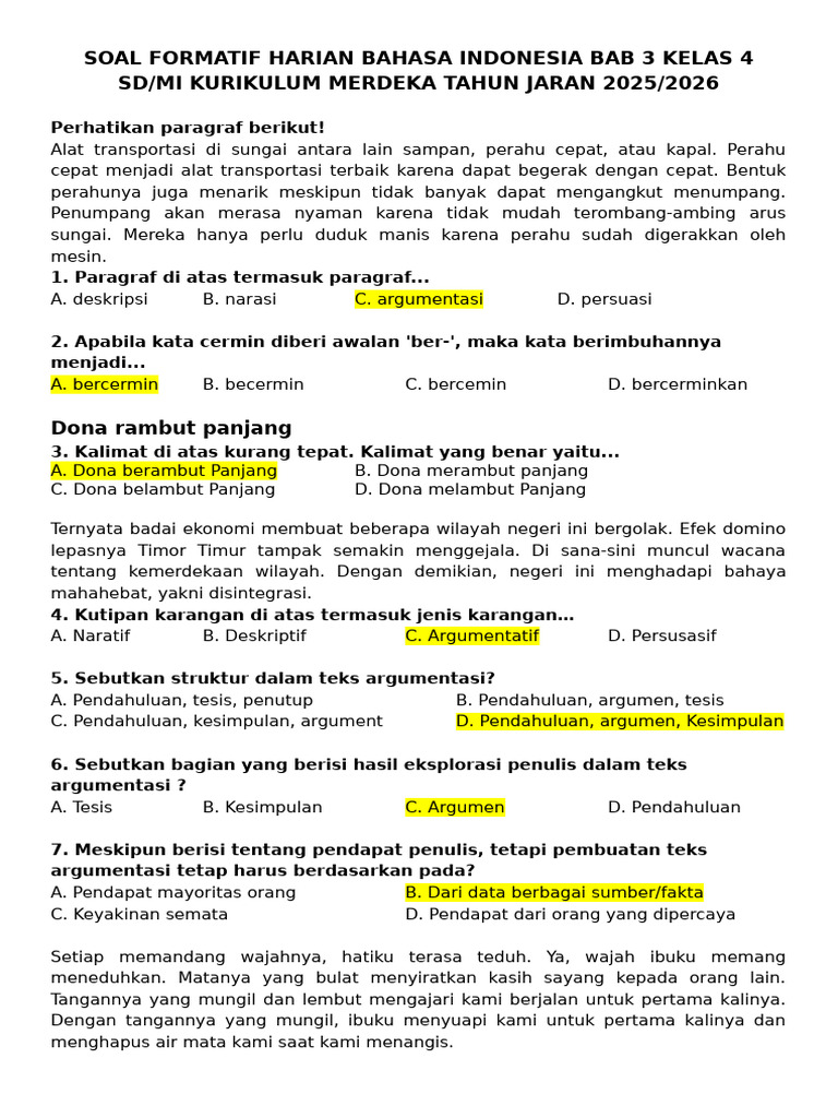 Soal Ulangan Harian Bahasa Indonesia Kelas 4 PDF