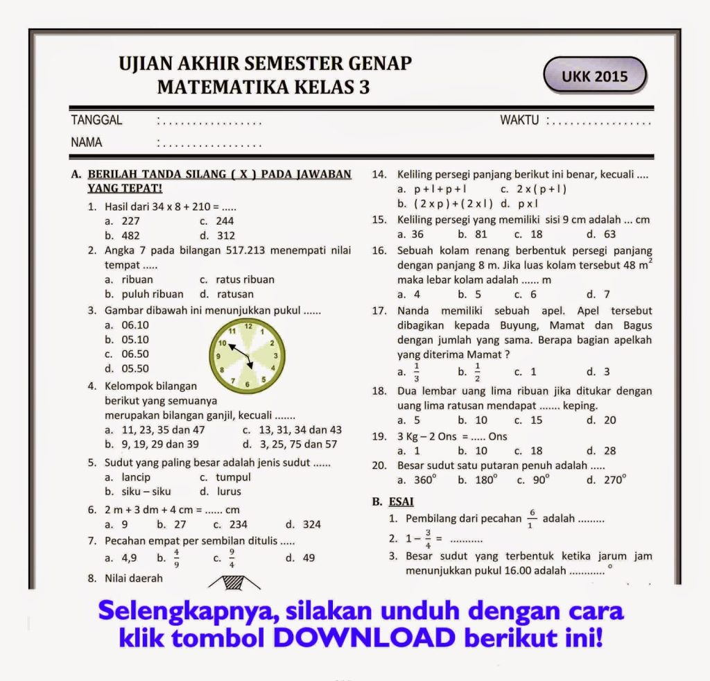 latihan soal matematika kelas 3 sd semester 2