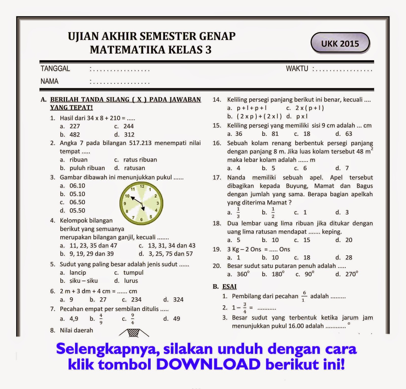 latihan soal matematika kelas 3 sd semester 2