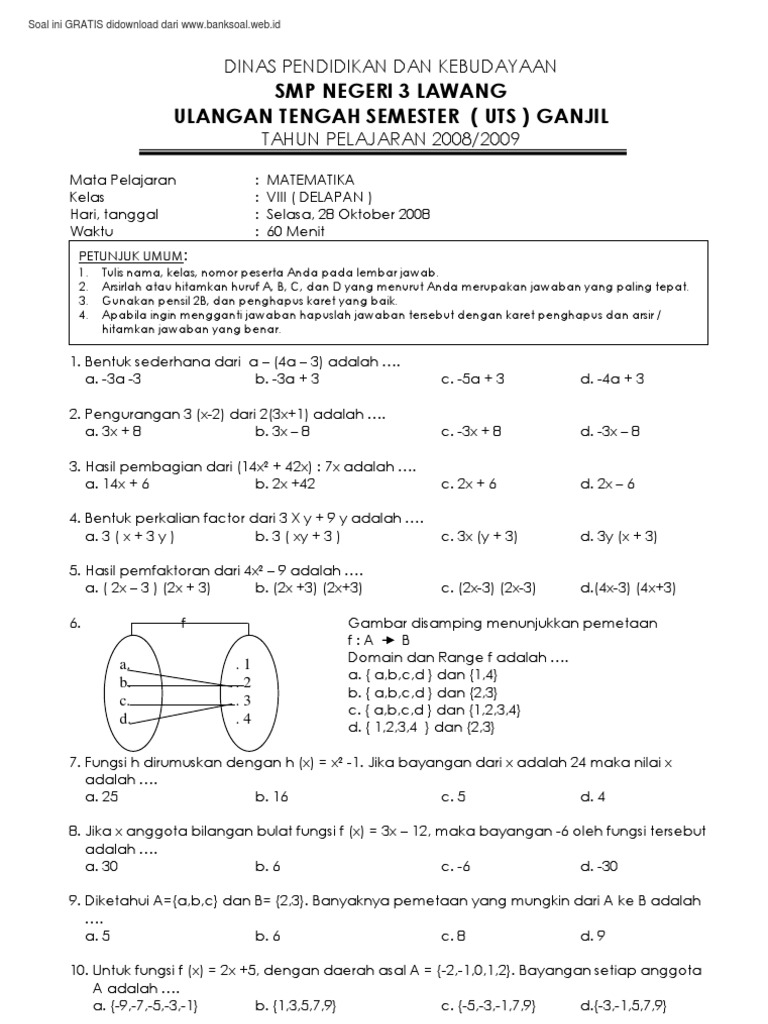 soal ulangan matematika kelas 8 semester 2