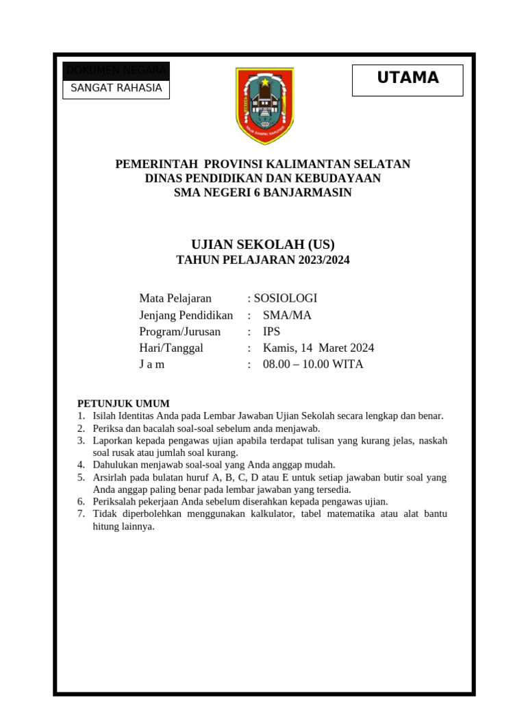 Ujian Sekolah Sosiologi SMA 2024 PDF